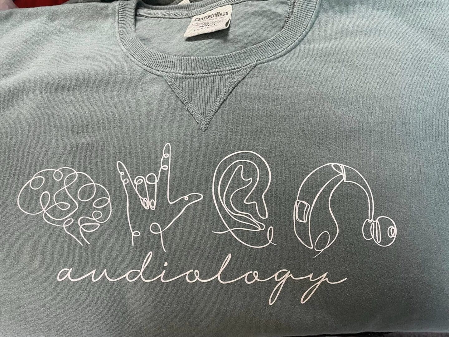 A gray sweatshirt with the word " audiology " written on it.