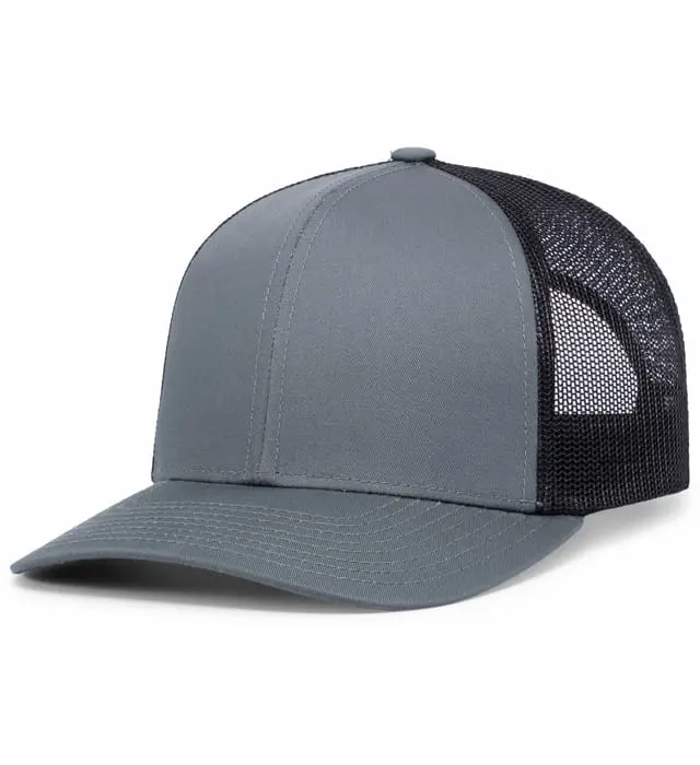 A gray and black hat with a mesh back.